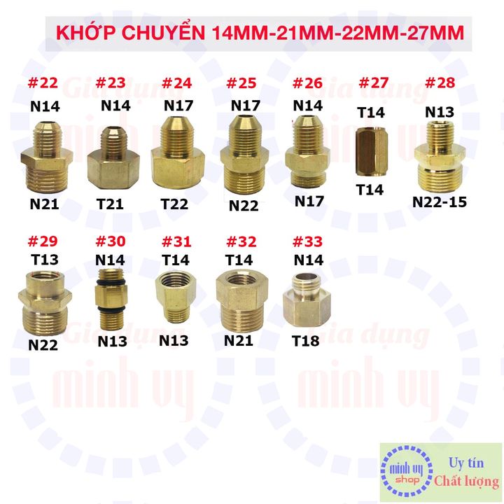 Tổng hợp các khớp chuyển ren 14mm 13mm 21mm 22mm 27mm - dùng cho các dòng máy rửa xe phổ biến