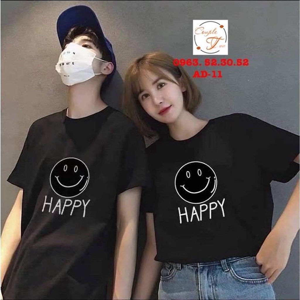 Áo đôi hình mặt cười kèm chữ HAPPY cực dễ thương cho các cặp đôi, áo thun oversize cotton
