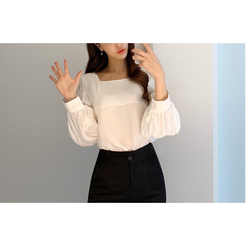 Sơ mi công sở nữ trắng cổ vuông, tay phồng tiểu thư xinh xắn, AA482