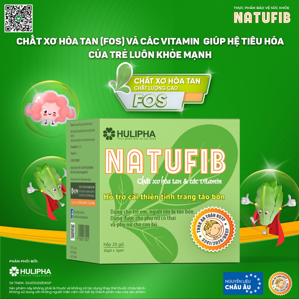 Bộ 2 Hộp Natufib Chất Xơ Hòa Tan HULIPHA Hỗ Trợ Phòng Táo Bón An Toàn Cho Bà Bầu, Trẻ Nhỏ Hộp 20 Gói