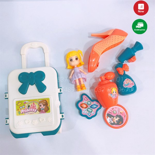 Túi đồ chơi vali kéo trang điểm mini kèm công chúa và chiếc giày, phụ kiện phấn son 50588-48