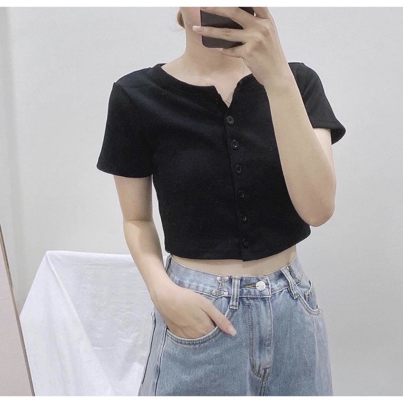 [Rẻ Vô Địch Áo Croptop Len Tăm Nút Thật