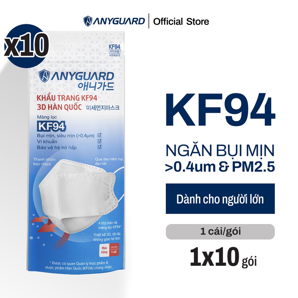 Combo (10 Chiếc) Khẩu Trang Y Tế ANYGUARD KF94 Ngăn Bụi Siêu Mịn Từ 0.4um &amp; Giọt Bắn Siêu Vi, Lọc 99% Vi Khuẩn (Size L)