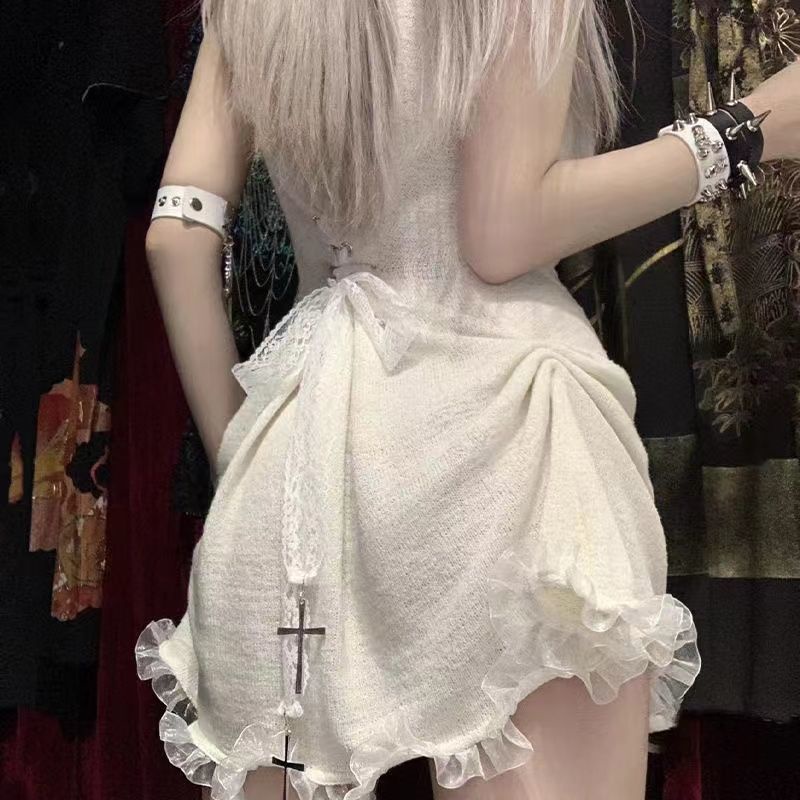 Đầm Hai Dây Màu Trắng Sữa Phong Cách Gothic Mẫu Mới Mùa Hè y2k Millennium Cho Bé Gái