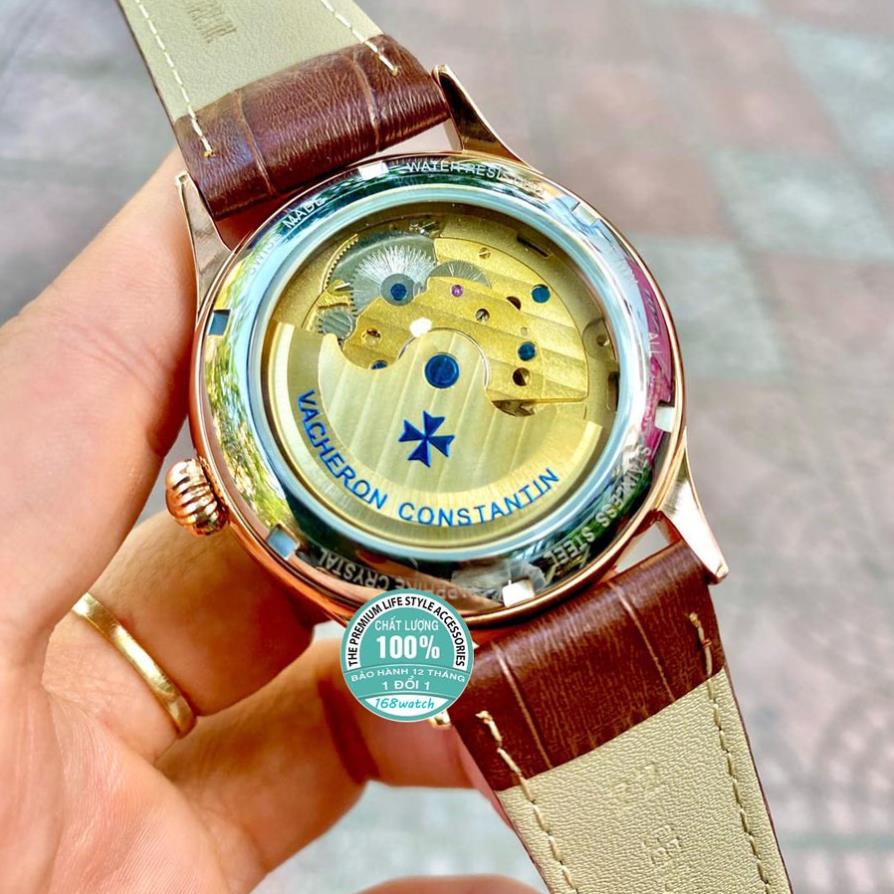 Đồng hồ Nam Vacheron máy nhật, mẫu 5kim lộ cơ cánh khế, mặt trắng viền vàng , dòng cơ Automatic size 40mm-41mm