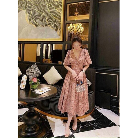 [9.9 Sales Freeship] Đầm hoa nhí vintage dáng dài, đầm hoa đỏ cô v tay phồng ôm eo đi tiệc quyến rũ, sang trọng