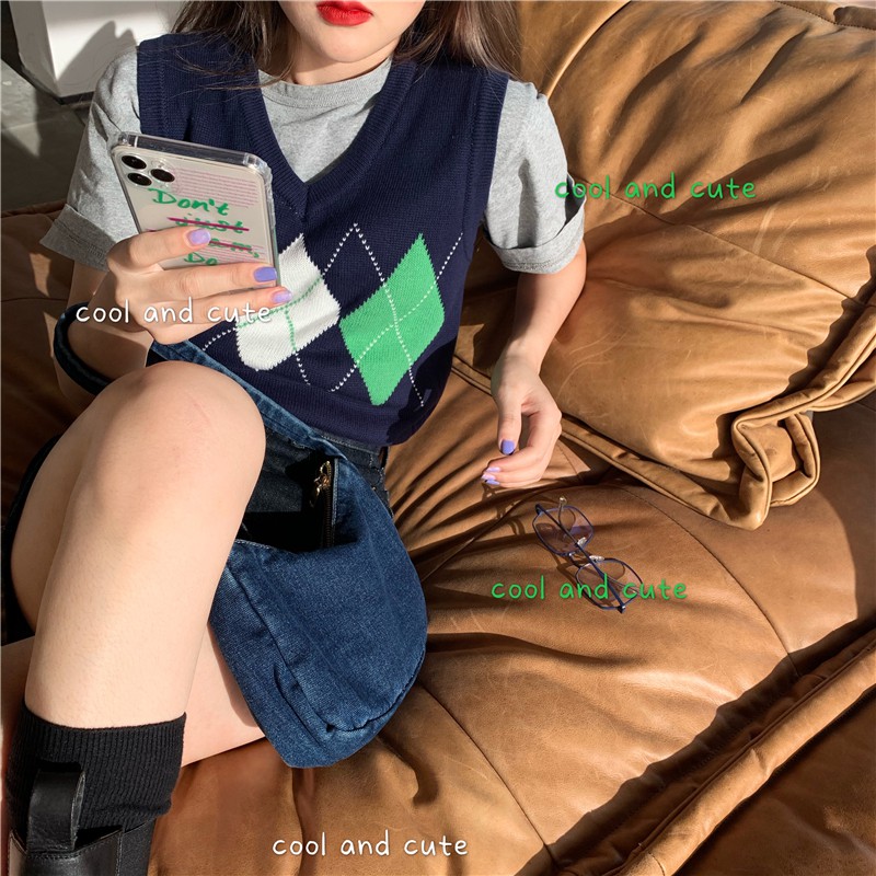 Áo dệt kim không tay màu sắc tương phản phong cách retro thời trang dành cho nữ