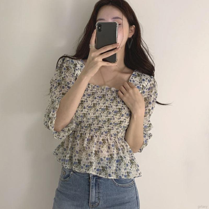 Áo Kiểu Chiffon Tay Ngắn Cổ Vuông Họa Tiết Hoa Phong Cách Cổ Điển Hàn Quốc