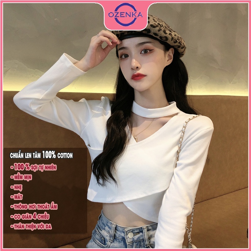 Áo croptop tay dài cổ v đắp chéo OZENKA , áo thu đông nữ đẹp len tăm cotton cao cấp màu đen trắng free size dưới 50 kg