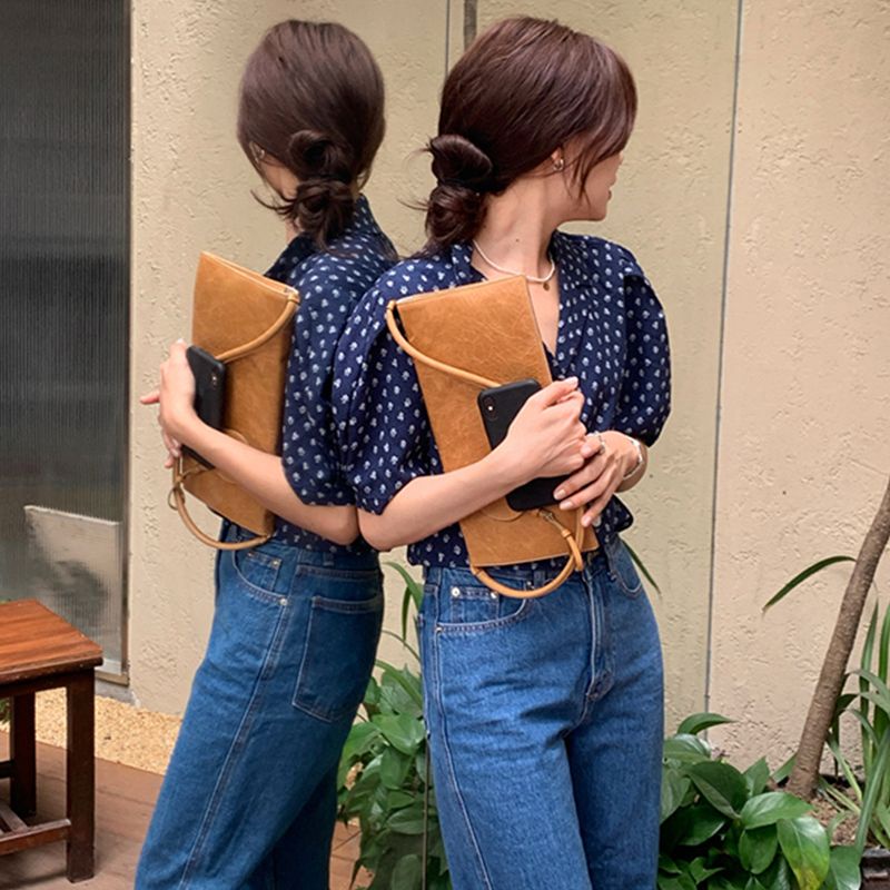 SUXI Áo Sơ Mi Tay Ngắn Phồng Cổ Chữ V Họa Tiết Chấm Bi Thời Trang Mùa Hè Cho Nữ