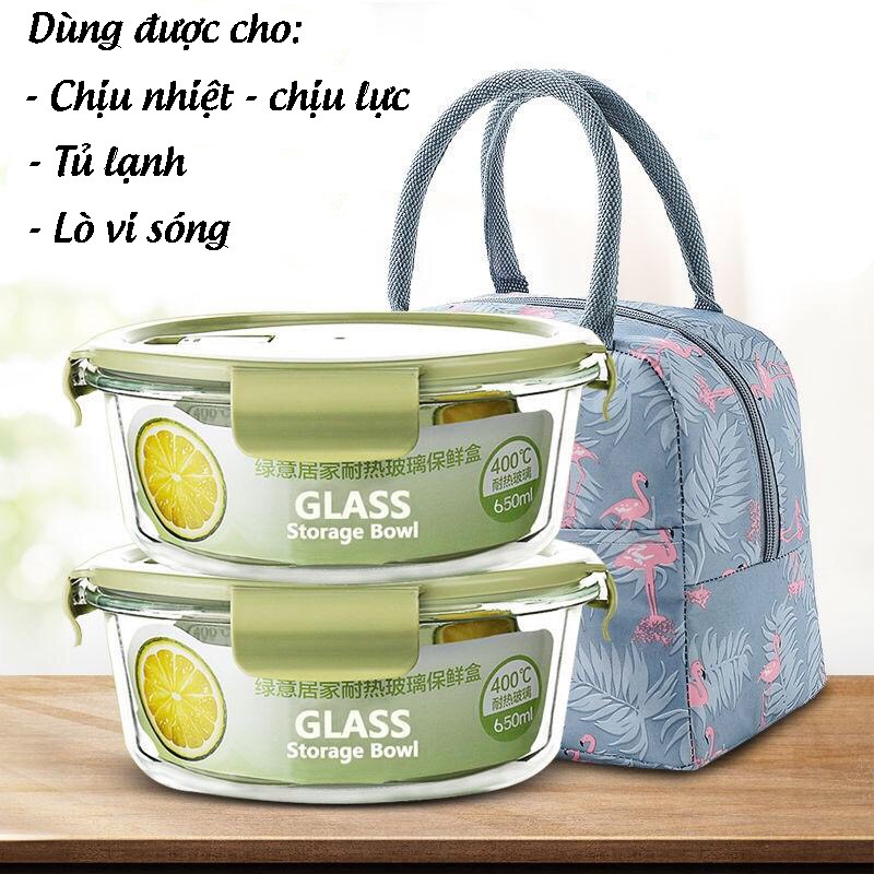 Hộp Đựng Cơm Thủy Tinh Tròn 680ml - Hộp Thủy Tinh Tròn Kèm Túi Giữ Nhiệt Xinh Xắn Dùng Được Cho Lò Vi Sóng,LV182