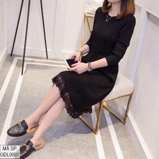 Váy len  phối chân ren dây rút eo