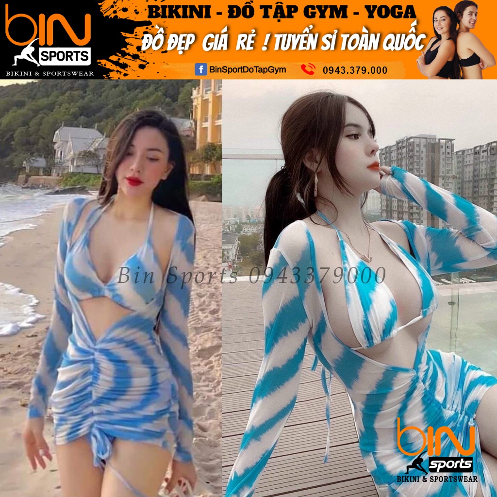Bikini Nữ Set 3 Món Aó Zip Dài Tay Loang Màu Dây Rút  Đồ Bơi Nữ Bin Sports BHV144