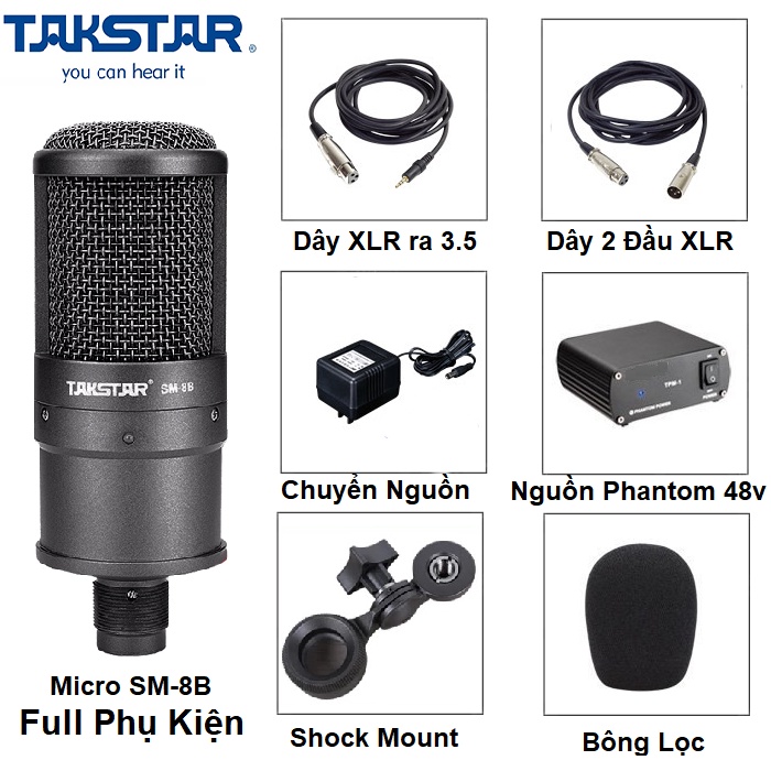 Micro Takstar SM-8B, Tặng Dây Canon - Mic Hát Live Stream Thu Âm Chuyên Nghiệp, Nguồn Phantom 48v, Dây Đầy Đủ