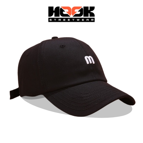 Mũ lưỡi trai Unisex thêu hình chữ M chất vải Kaki màu Đen và Be thương hiệu Hook