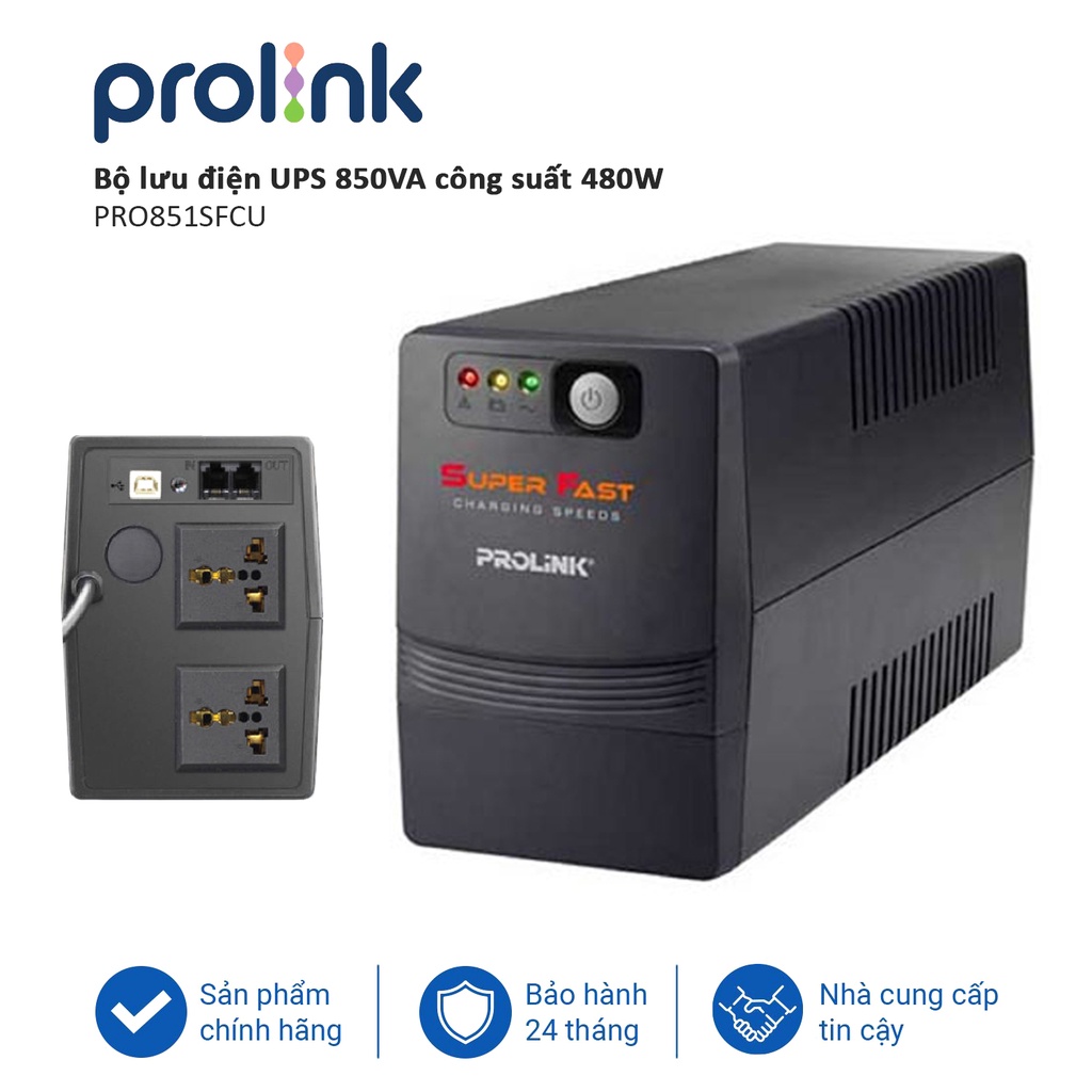 Bộ lưu điện UPS PROLiNK PRO851SFCU (850VA) công suất 480W, tích hợp bộ AVR, sạc siêu nhanh, dùng cho PC, Camera, Wifi