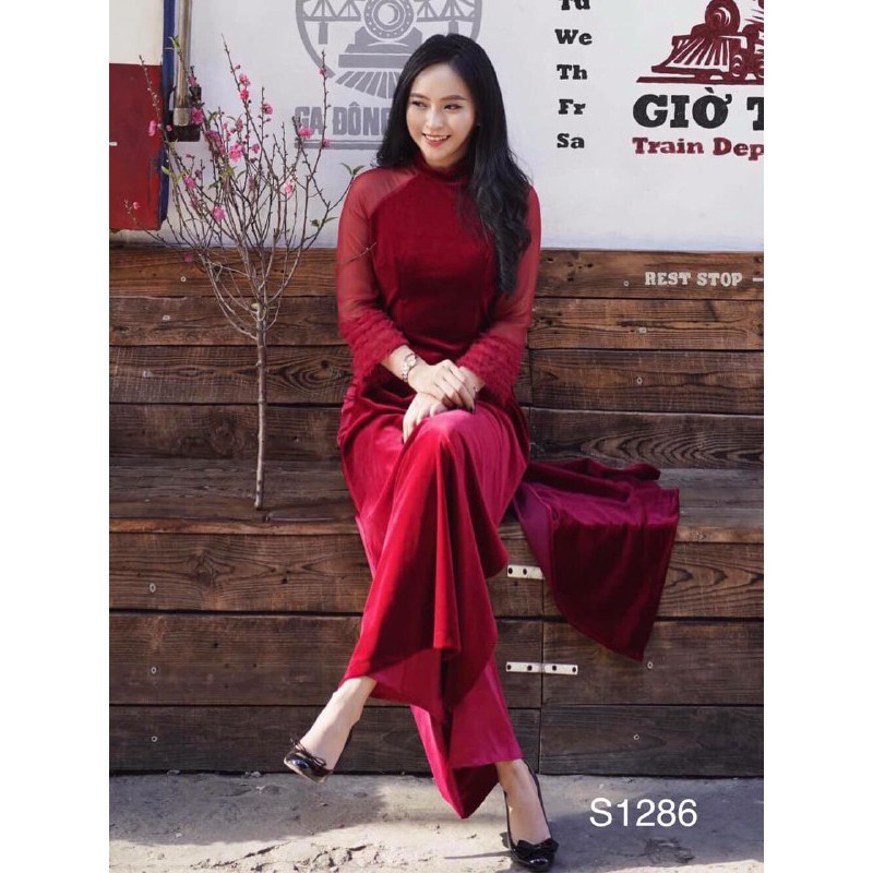[ xả kho ] MiD Set áo dài nhung tay ren + quần lụa S1286 cao cấp kèm ảnh thật