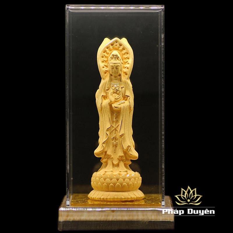 Tượng Để Xe Phật Bà Quan Âm Bồ Tát Bằng Nhung Vàng Kim Sa (Nhiều Mẫu)