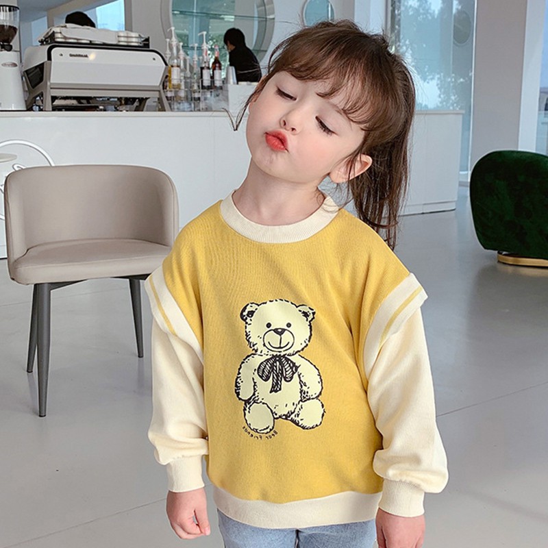 Áo sweater cổ tròn in họa tiết hoạt hình màu sắc tương phản phong cách Hàn Quốc thời trang dành cho bé gái