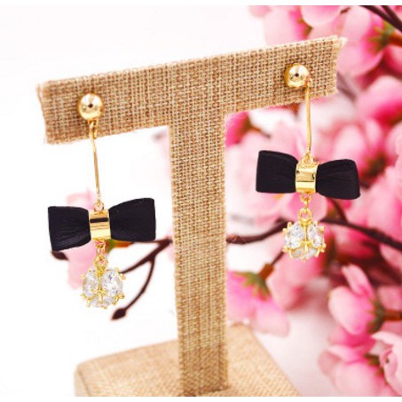 Bông tai form dài nơ đính đá Zicon cao cấp mạ vàng 18k