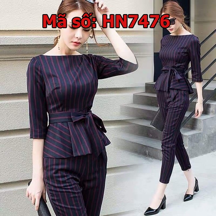 ⚡️ có big size 3XL ⚡️ HN7476 SET BỘ ĐỒ SỌC PEPLUM PHỐI MÀU CÁCH ĐIỆU CÓ SIZE LỚN XXXL