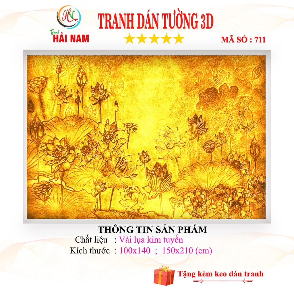 Tranh dán tường 3D phòng thờ hoa sen khổ lớn Vải lụa kim tuyến