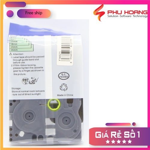 Nhãn in TZ2-FX621, Khổ rộng 9mm, chữ đen nền vàng, siêu dẻo, bám dính cao, chống thấm nước