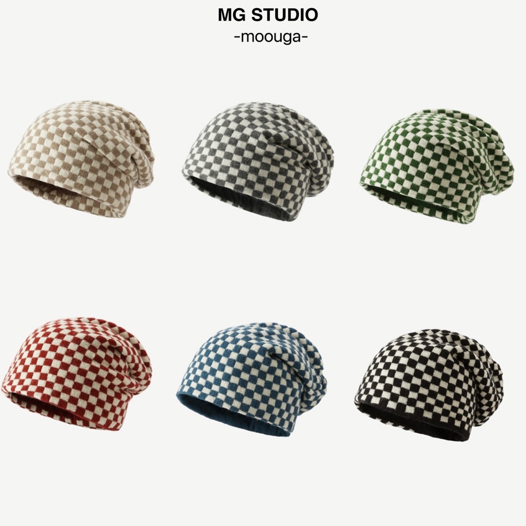 Nón đan len MG STUDIO hoạ tiết kẻ ô cá tính 6 màu thời trang