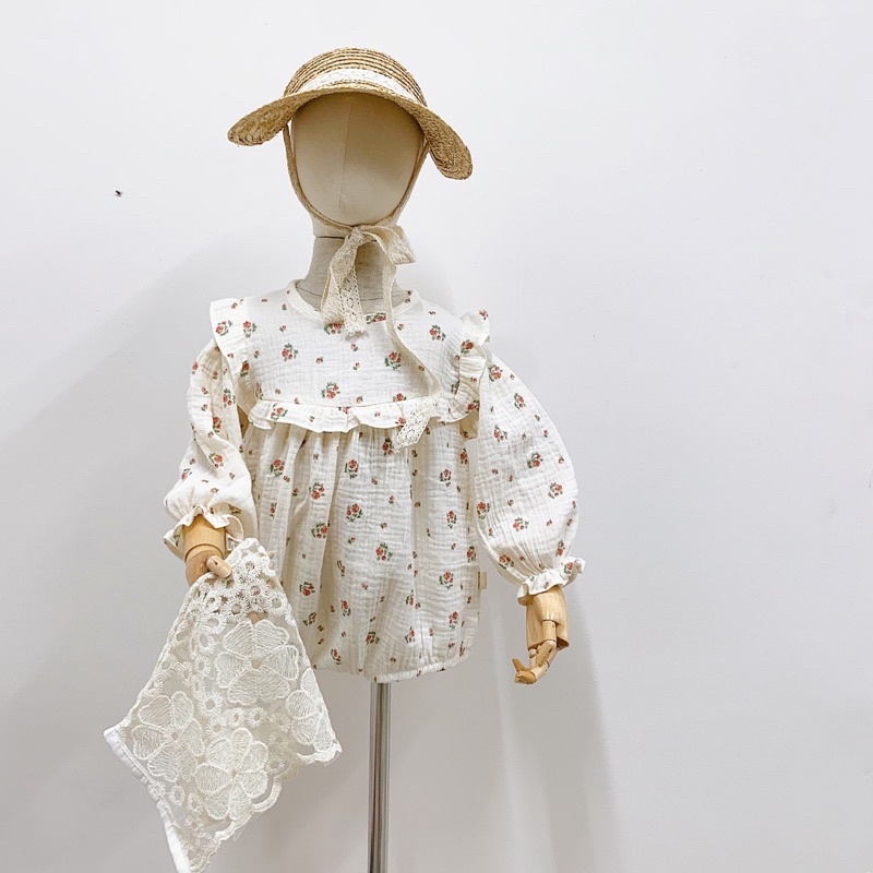 Body xô muslin hoa hồng kèm mũ bonet cho bé