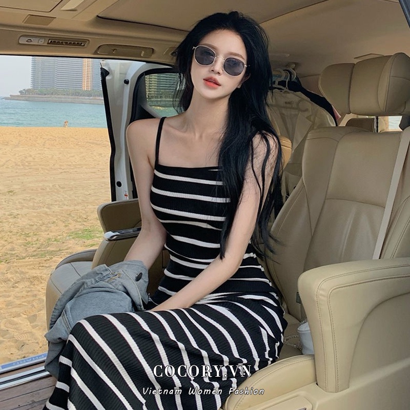 Cocory vn Đầm Maxi Hai Dây Kẻ Sọc Thời Trang Mùa Hè Dành Cho Nữ