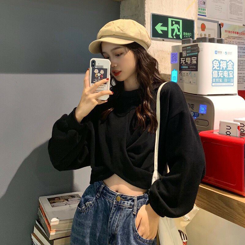 Áo Croptop Nỉ Xoắn Eo Dài Tay Basic - Áo Sweater Tay Dài Xoắn Eo