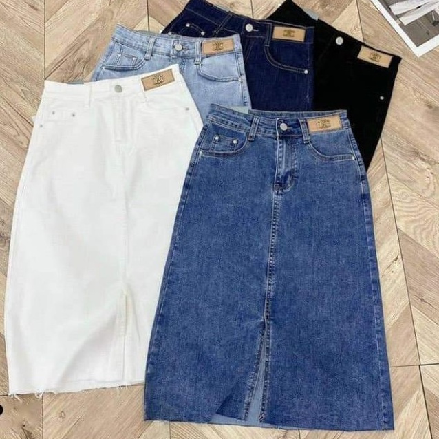 Chân váy jeans dáng dài tag da cạp hàng QCL1