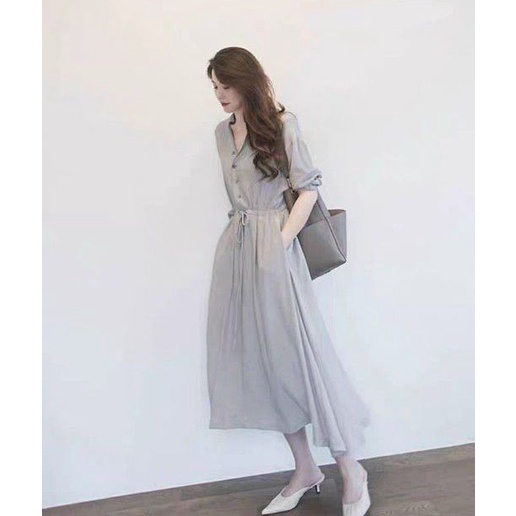 Đầm Midi Dài Cổ Chữ V Tay Ngắn Có Nút Cài Thanh Lịch Màu Trơn Cho Nữ 40-100KG C9175