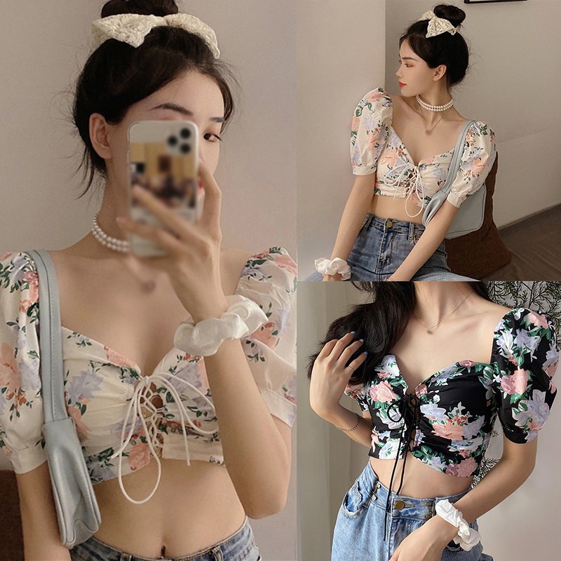 Áo Chiffon Tay Ngắn Cổ Chữ V In Hoa Xinh Xắn Thời Trang Cho Nữ