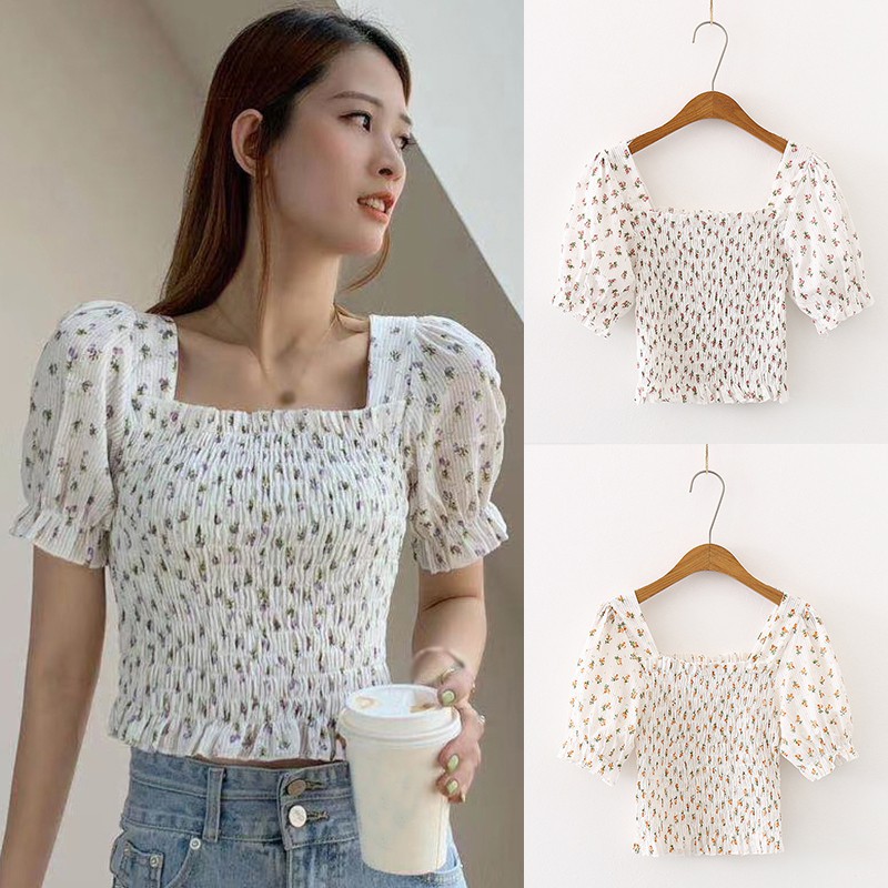 Áo Kiểu Tay Ngắn Cổ Vuông Họa Tiết Hoa Xinh Xắn Cho Nữ