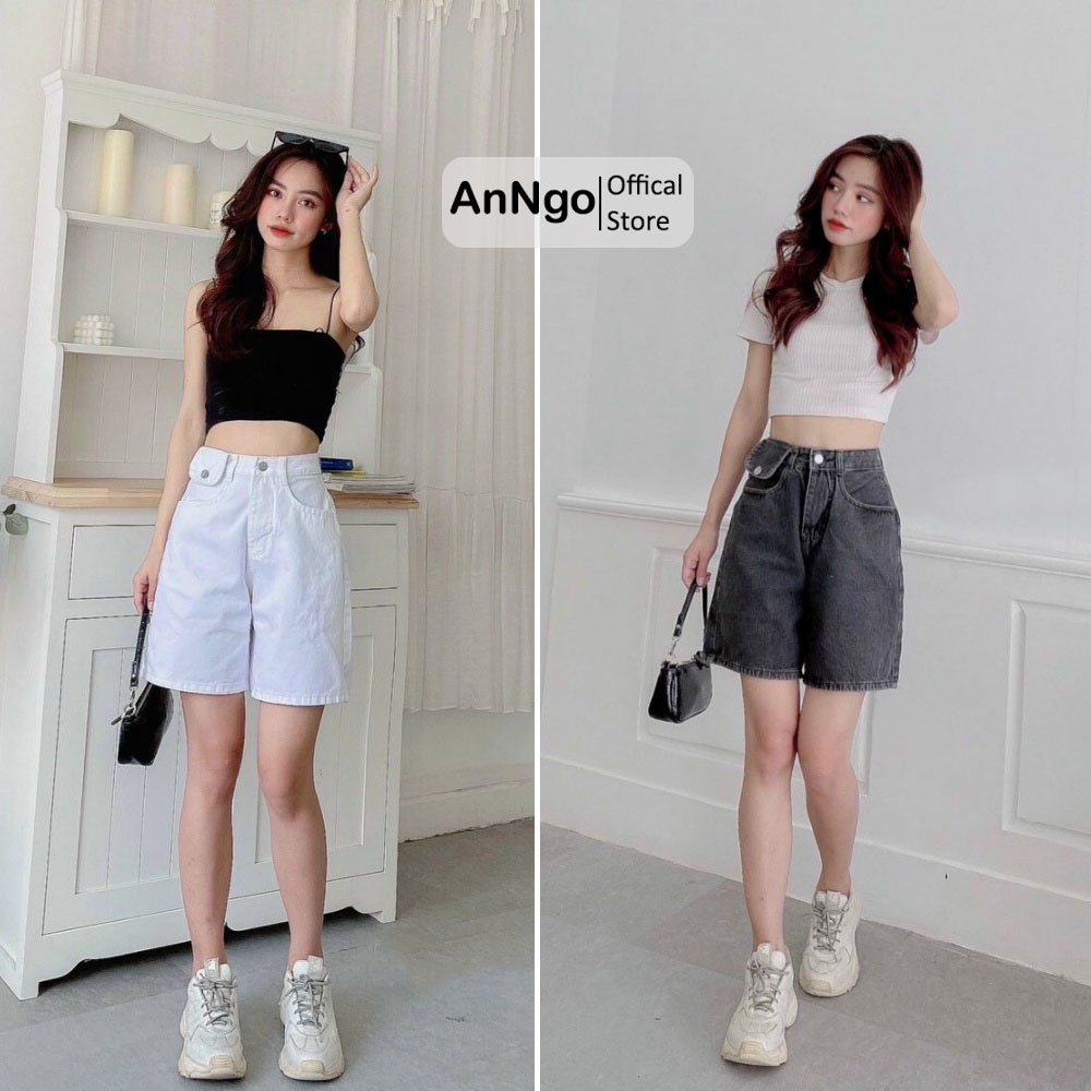 Quần jean ngố nữ lưng cao phối túi nắp độc đáo, chất vải denim bền đẹp AnNgo - AT149