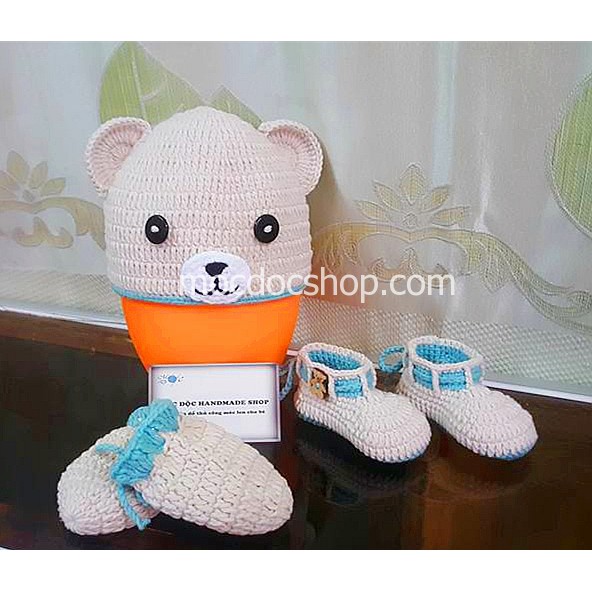 Nón len handmade gấu cho bé 0-12 tháng