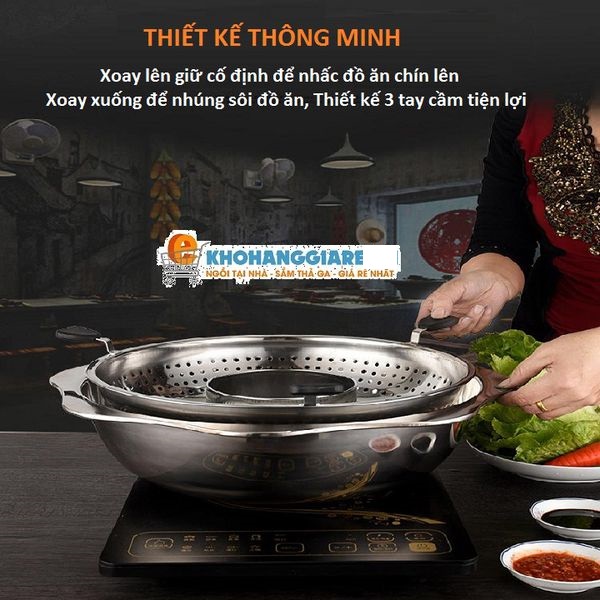 Nồi Lẩu xoay inox 2 tâng nâng đa năng dùng được cho cả bếp ga và bếp từ