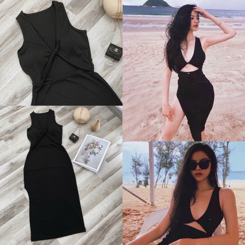 Đầm body thun đen khoét eo cúp ngực xẻ tà