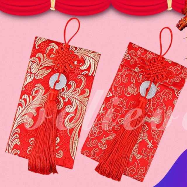 Bao lì xì vải gấm đỏ gắn nơ ngọc bội 1 chiếc