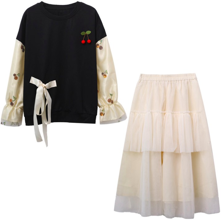 ÁO NỈ THẮT NƠ CHERRY CHÂN VÁY BỒNG BỀNH