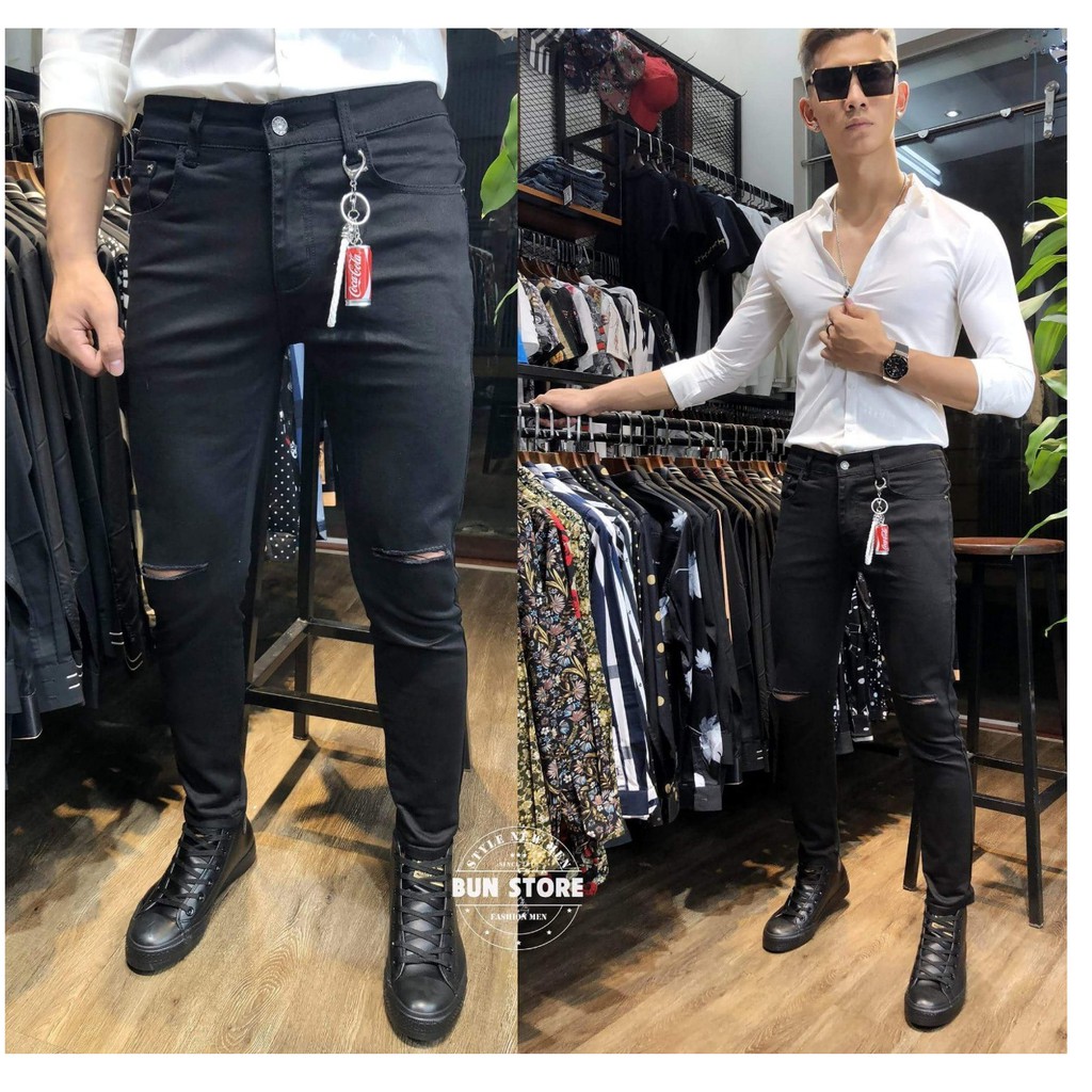 QUẦN JEAN NAM ĐEN RÁCH GỐI  VO33