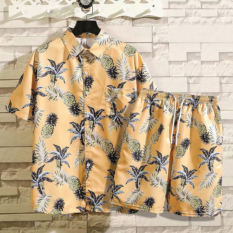 Men's Fashion Pineapple Printed Short Sleeve Shirt+Short Sleeve Shirt Set