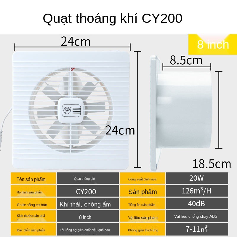 Quạt thông gió hàng nhỏ 6 inch trong phòng tắm nhà bếp hút mạnh mẽ không ồn từ cửa sổ 4 ống dầu vệ sinh treo tường