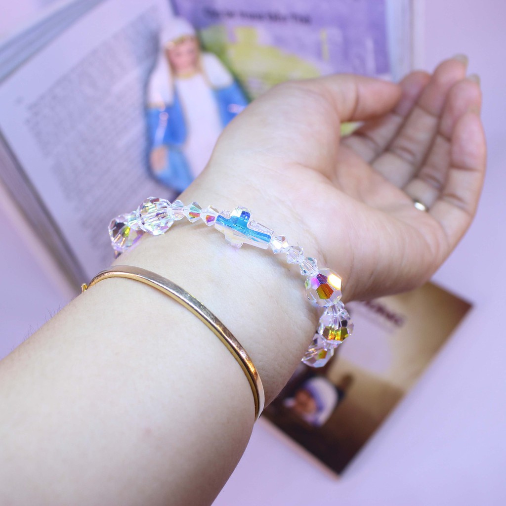 Vòng tay chuỗi mân côi pha lê Áo Swarovski cao cấp hạt tròn giác cạnh 10ly