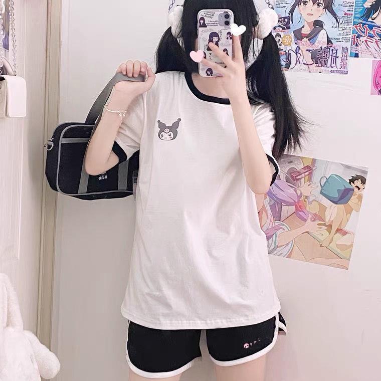 Bộ Đồ Thể Thao Áo Tay Ngắn Quần Short Dáng Rộng Mềm Mại In Họa Tiết Kuromi Phong Cách Nhật Bản Dành Cho Nữ Sinh