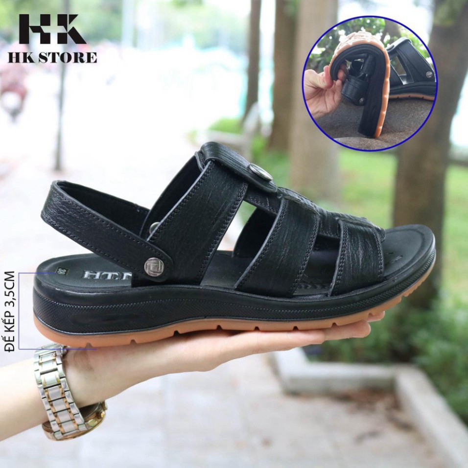 Dép sandal nam trung niên 💝 HK.STORE 💝 da bò xịn kết hợp đế kếp cao 3,5cm cực đẹp khâu may chân quai công nghệ 2021.