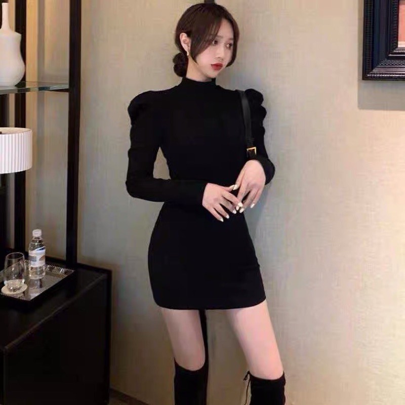 [Siêu Phẩm đình đám] Đầm Body Nữ Dài Tay Cổ Cao 3cm Vai Phồng Phối Xếp Ly | BigBuy360 - bigbuy360.vn