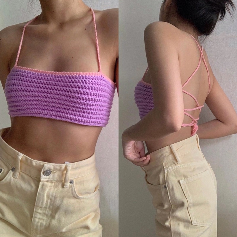 Áo croptop len  handmade móc đan dây lưng nhiều màu Thera Crochet