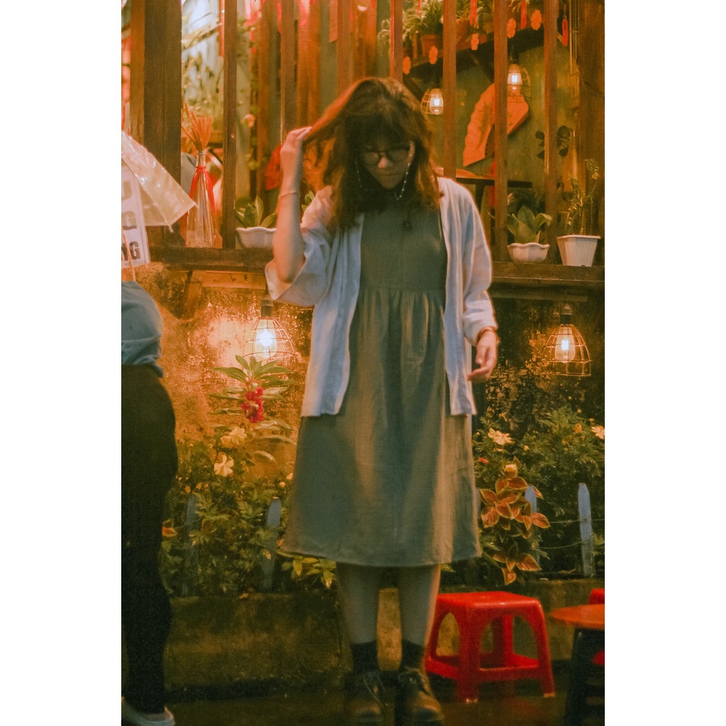 Váy Babydoll Vintage Xòe Rộng Tay Ngắn Cổ Tròn Tối Giản Xô Muslin Vui Hè Mát Nhẹ Nhàng